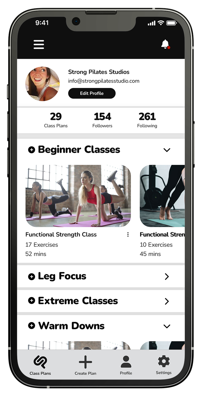 The Class Plan App Home Page Example on an iPhone showing Pilates classes and planning features